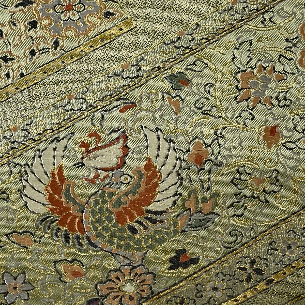 袋帯 美品 秀品 鳳凰 華文 刺繍 金糸 灰緑 六通 正絹 【中古