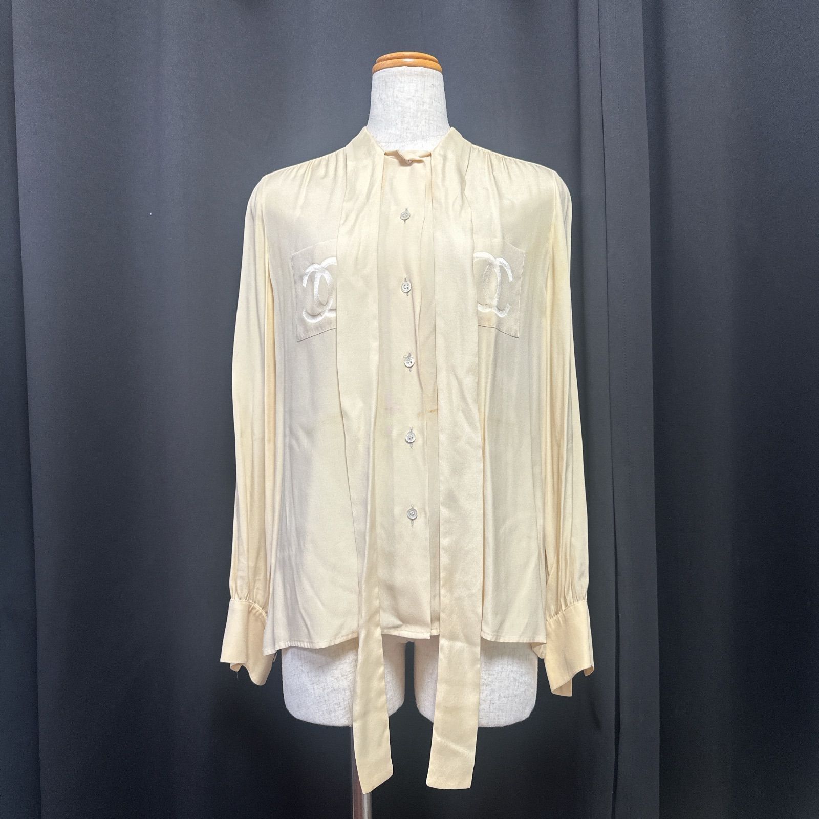 フランス製 CHANEL シャネル ココマーク シルク系 シフォン ボウタイ