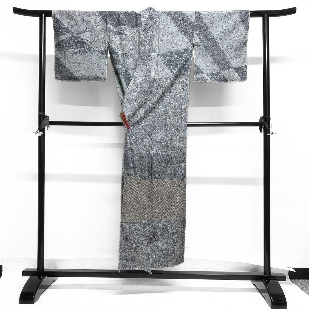 未着用 紬 スワトウ刺繍 裂取り 蝶 花模様 付け下げ 着物 021a p  