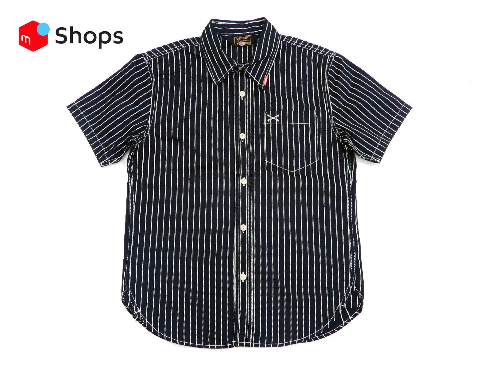 (バンソン) VANSON ウォバッシュストライプ ワークシャツ 半袖シャツ クロスボーン ワンポイント刺繍 NVSS-807 新品 アメカジショップ