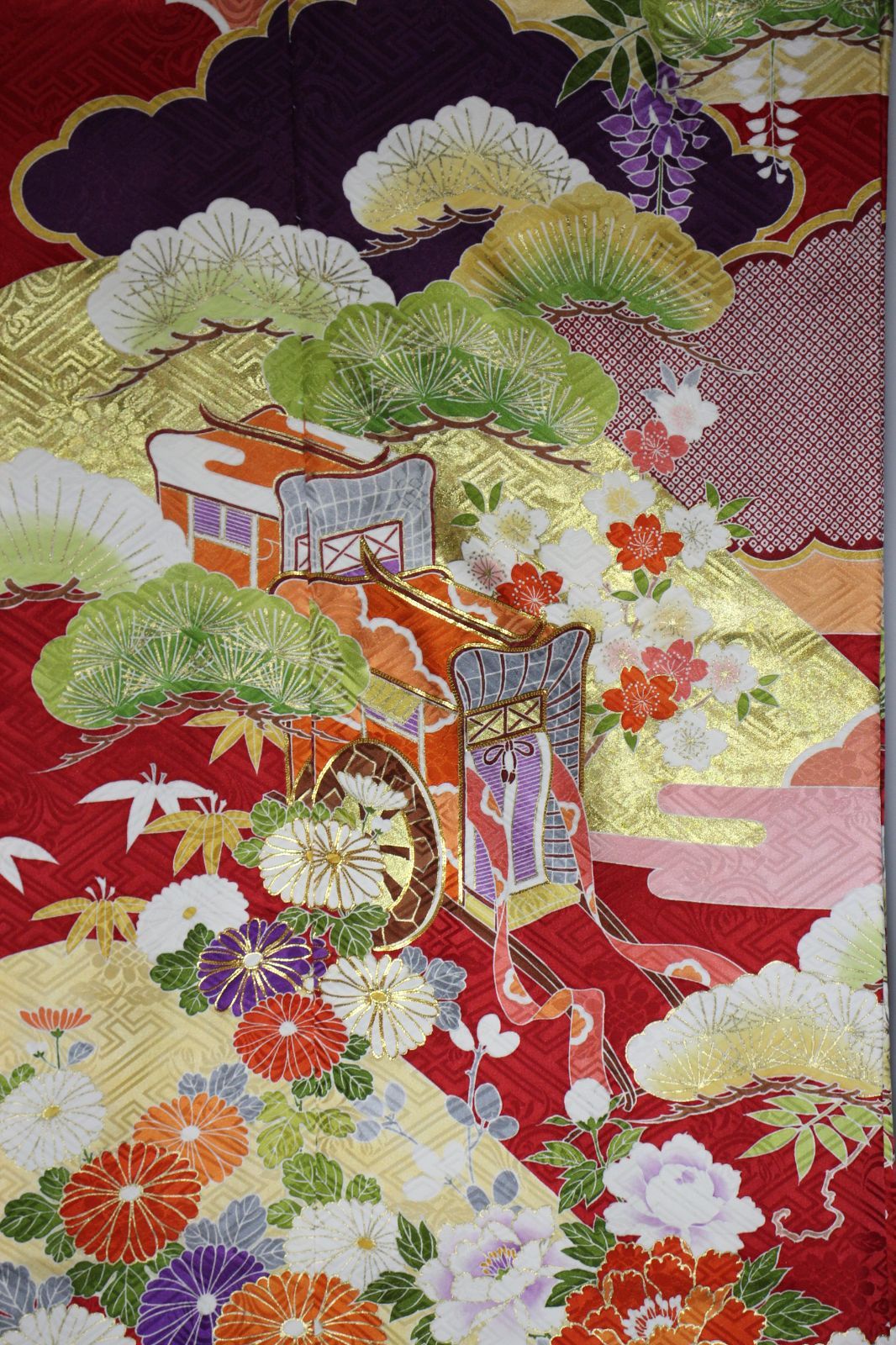 振袖　手描き 京友禅　赤　御所車　高級振袖　成人式　最高級　逸品　はたちのお祝い 振袖 手描き 京友禅 京都 本物 赤地 御所車 高級振袖 成人式 最