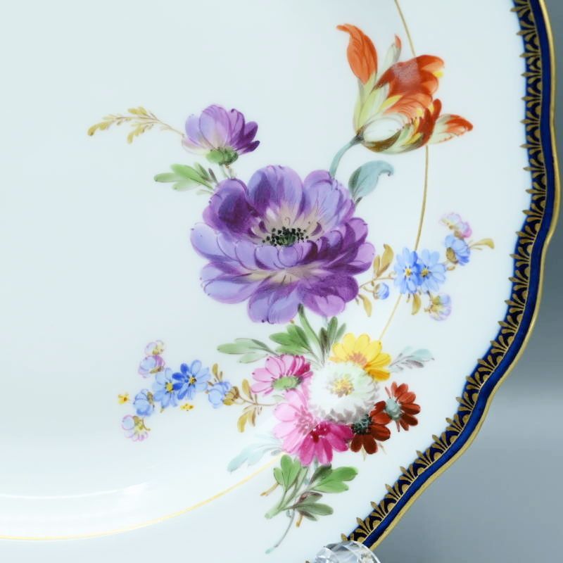 M02-t026 Meissen マイセン Aカンテ ベーシックフラワー 六つ花 アネモネ プレート 中皿 約21.5cm コバルト 金彩 一級品 M02-t026 Meissen マイセン Aカンテ ベーシックフラワー 六つ花