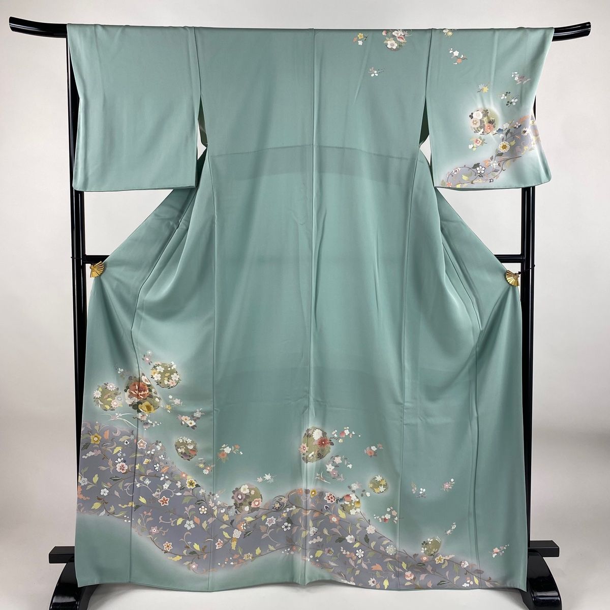 訪問着 身丈167cm 裄丈68.5cm L 袷 花丸文 花唐草 金糸 金彩 薄緑 正絹 秀品