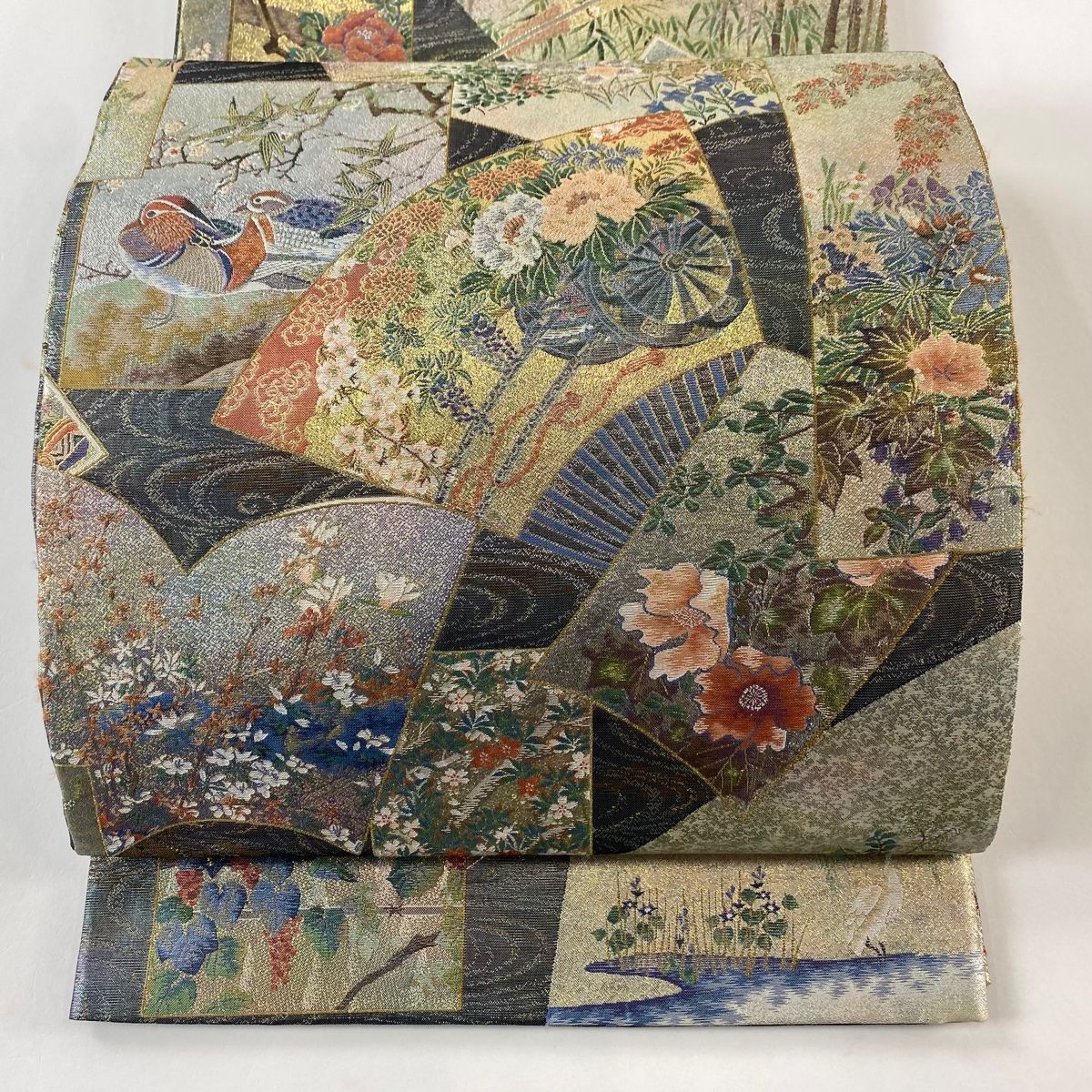 丸帯 日本絵画全集 箔 灰緑 全通 正絹