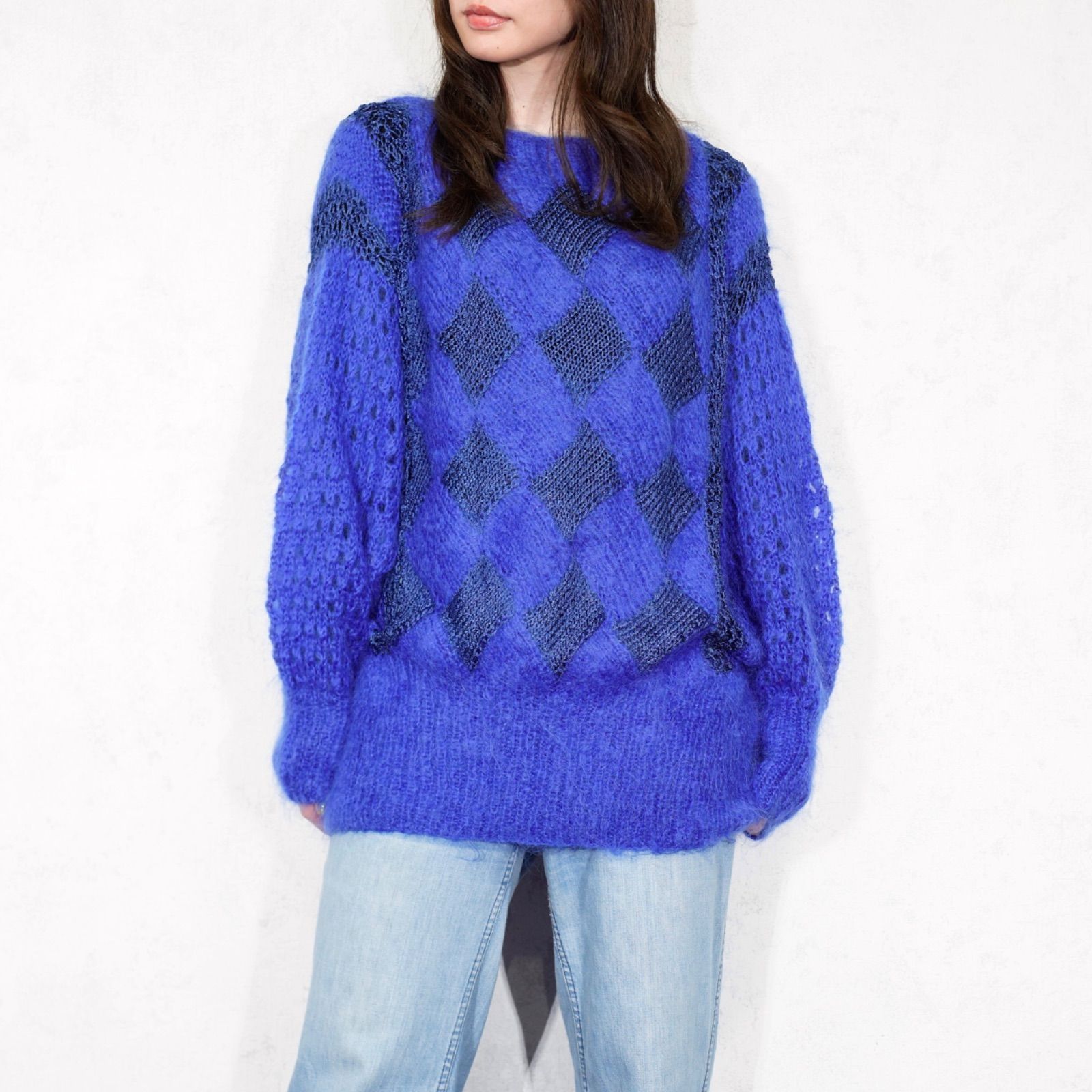 EU VINTAGE DIAMOND PATTERNED CROCHET SWITCHED DESIGN MOHAIR KNIT|ヨーロッパ古着ダイアモンド柄鍵編み切替デザインモヘアニット