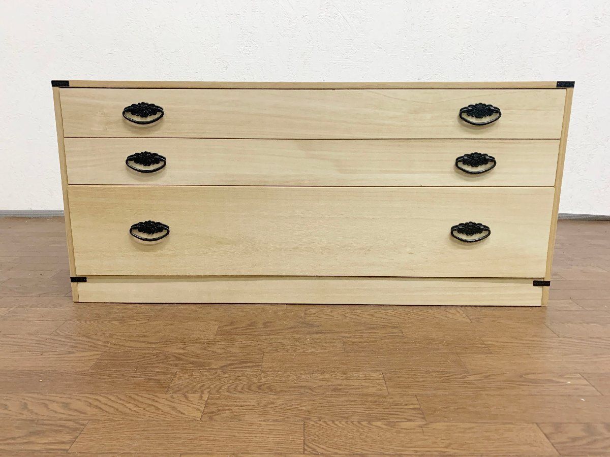 桐箪笥 タンス チェスト 収納 3段 引き出し 着物 木製 シンプル 和風家具 昭和レトロ 和室 幅99cm 貝1249