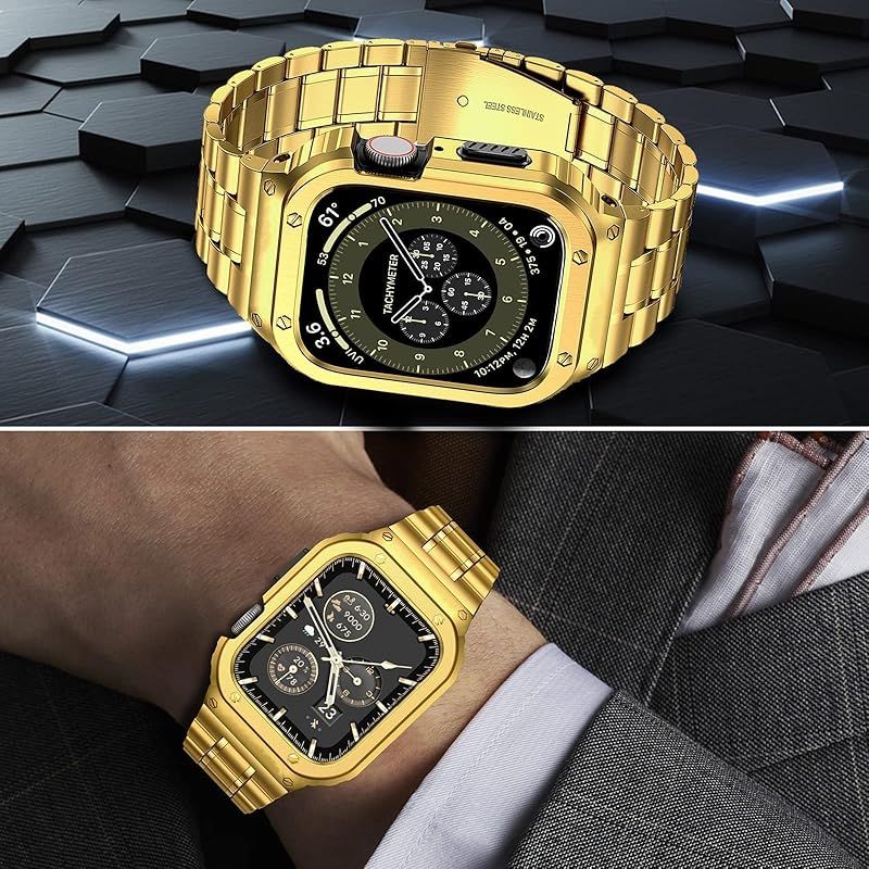 MioHHR ステンレススティール製バンド ケース互換性 Apple Watch Bands 46 mm 金属製保護バンパーカバー付き頑丈なストラップ iWatch シリーズ 10 11 男性用 ゴールド