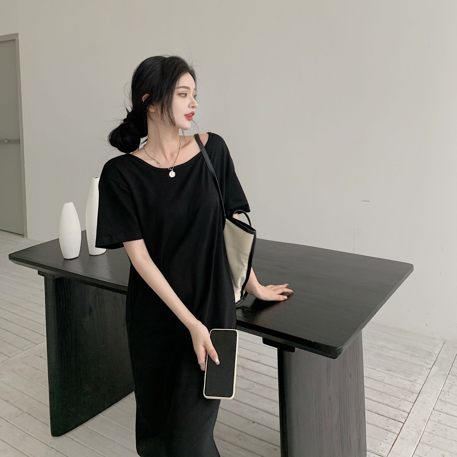 カジュアル 半袖 ゆったりバックカット Tシャツロングワンピース marai ロングワンピース シャツワンピース ロング丈 半袖 異素材