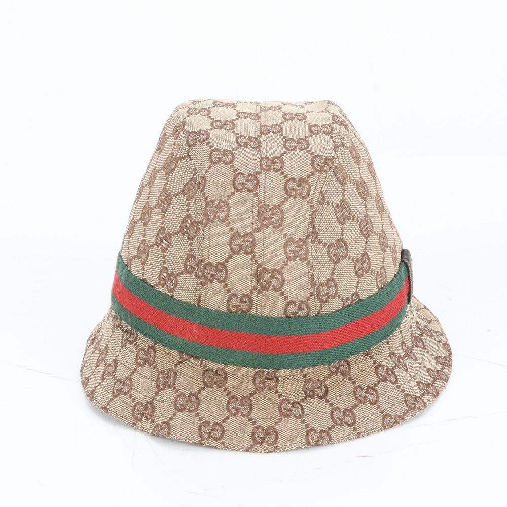 グッチ GG キャンバス シェリー ライン バケット ハット バケハ 帽子 ブラウン ファッション レザー メンズ レディース EUE CT6-7