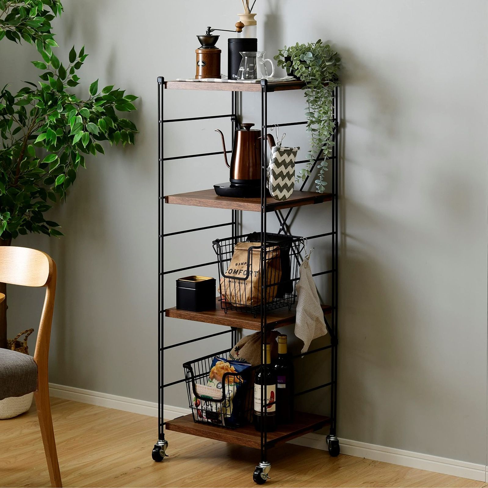 ラック キャスター付き 全体耐荷重100㎏ 棚板カンタン高さ調節 幅45.5×奥行41.5×高さ128㎝ 組立品 ブライトブラウン MWS-12444C BBR SBK