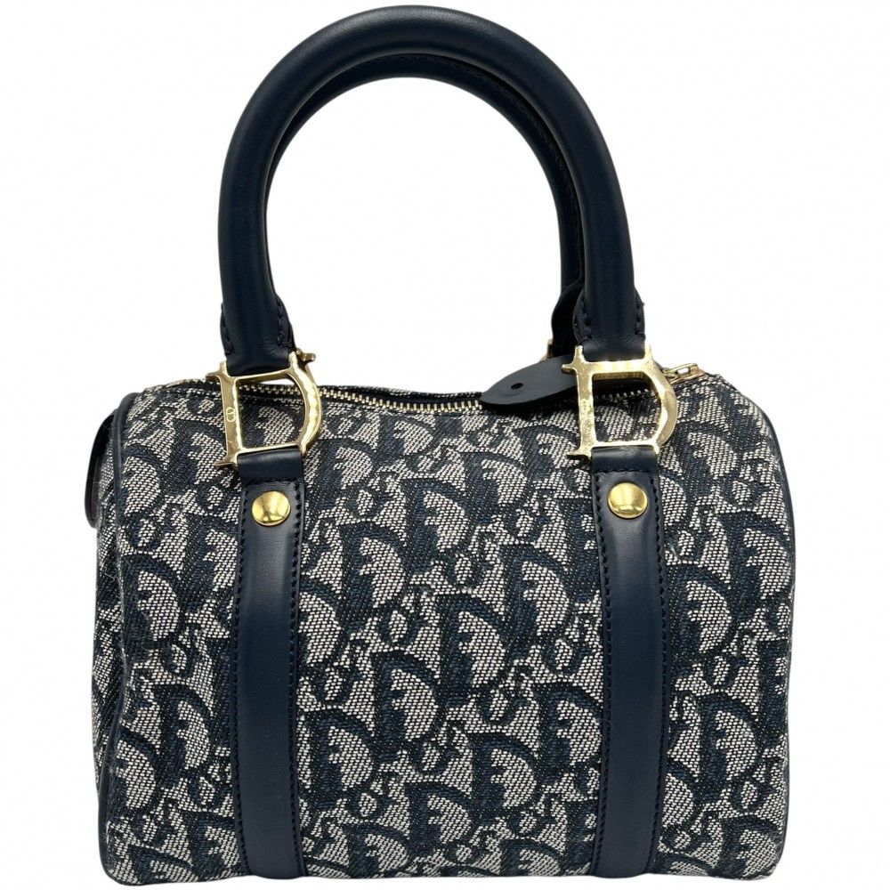 クリスチャンディオール ハンドバッグ レディース トロッター ミニボストンバッグ Christian Dior キャンバス レザー ネイビー 紺 ゴールド金具 品