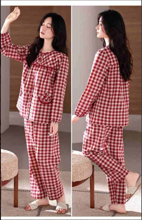 パジャマ チェック柄 ルームウェア 綿 レディース 長袖 上下セット レッド 赤 前開き コットン 部屋着 寝間着 春 秋 かわいい 入院 DECORATOM_COM_BR