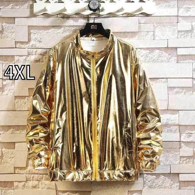 4XL メンズ ファッション 服 男性用 オシャレ シンプル 大人 かっこいい ストリート パフォーマンスウェア 光沢 ゴールド スタンドカラー スーツ 長袖 トップ ツーピーススーツ