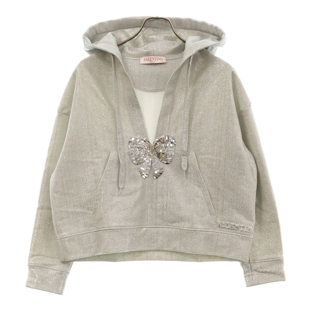 VALENTINO ヴァレンチノ フロントスパンコールリボン スリッド レディース プルオーバーパーカー シルバー XB3MF16F71W