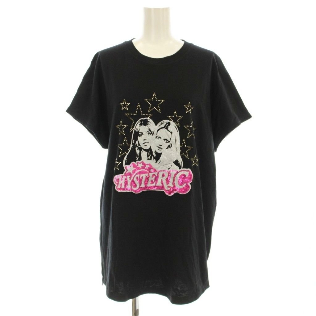 ヒステリックグラマー HYSTERIC GLAMOUR WOMAN STARS刺繍 Tシャツ カットソー 半袖 クルーネック プリント ラインストーン スパンコール装飾 F 黒 ブラック 01232CT03 |KU