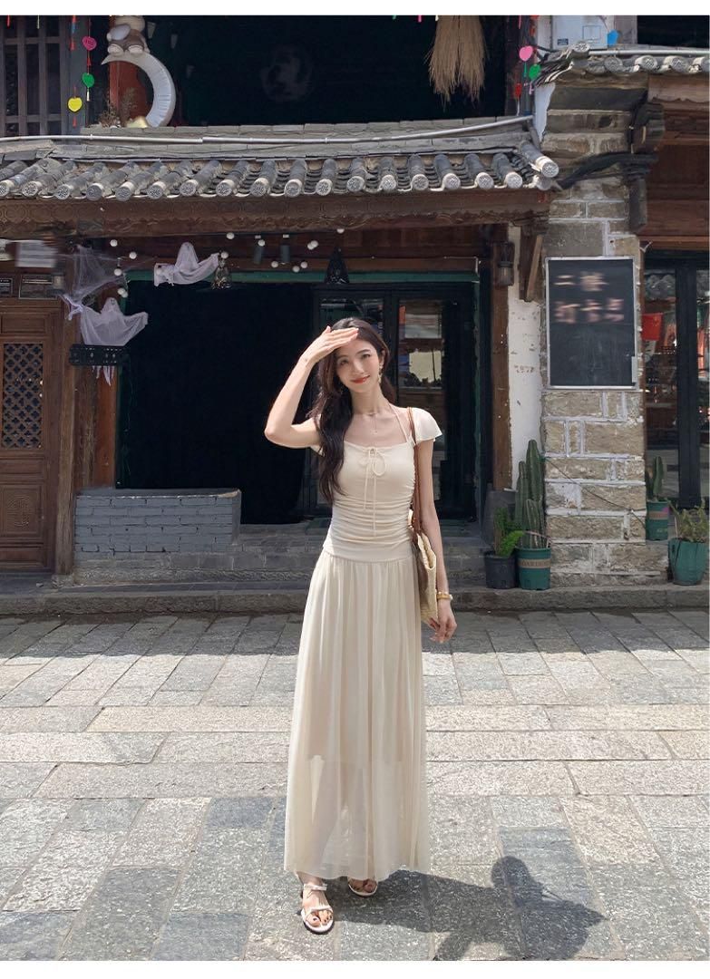 春のスクエアネックスカートモテ服ロングワンピ上品セクシー高見えアイテム