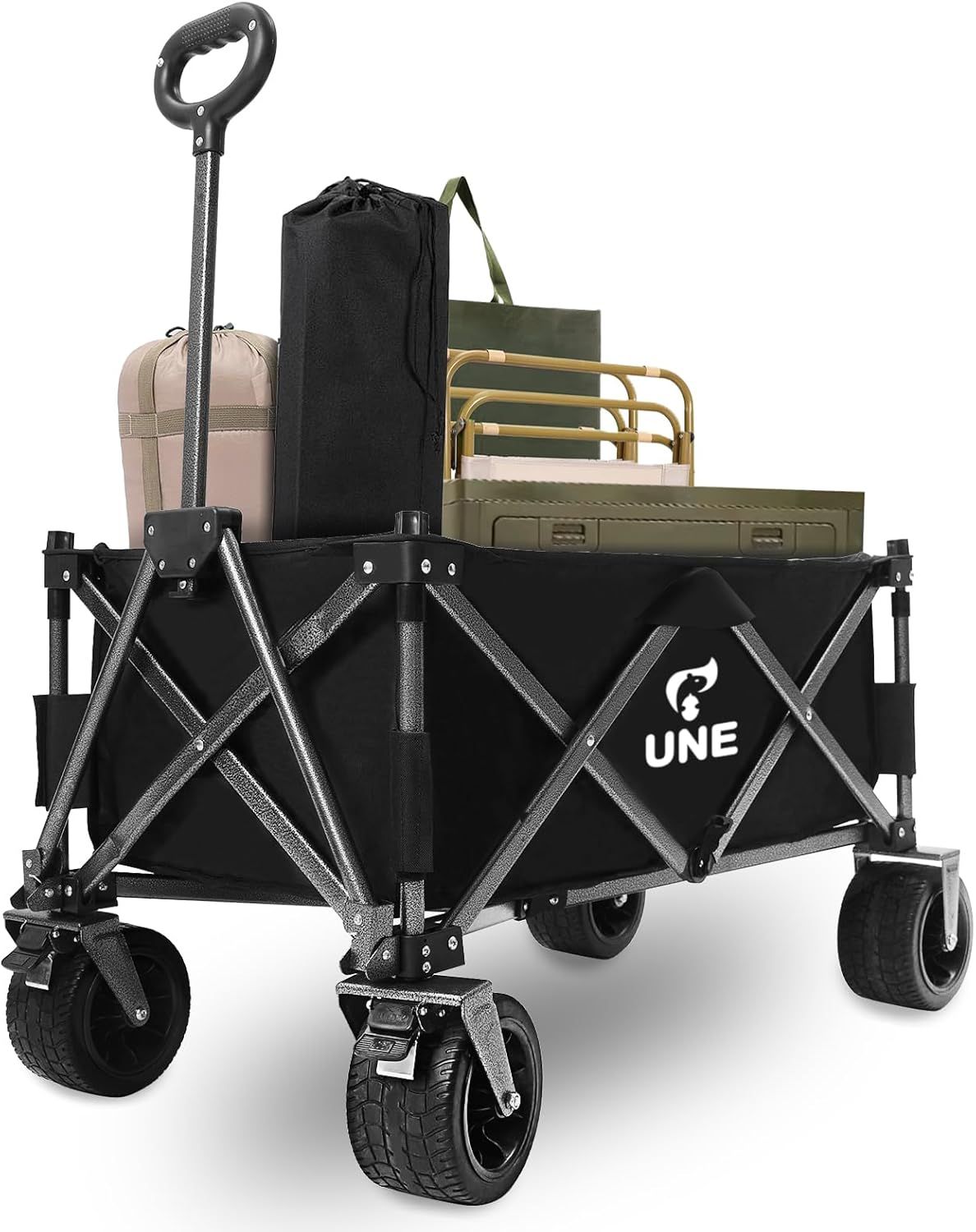UNE キャリーワゴンラベルカー 折り畳み 9.5cm特厚タイヤ 収納付き 大容量150L 耐荷重150kg ワンタッチ折りたたみ ブレーキ付き 山道 キャンプ 荷物運搬 アウトドアトラベルカーに