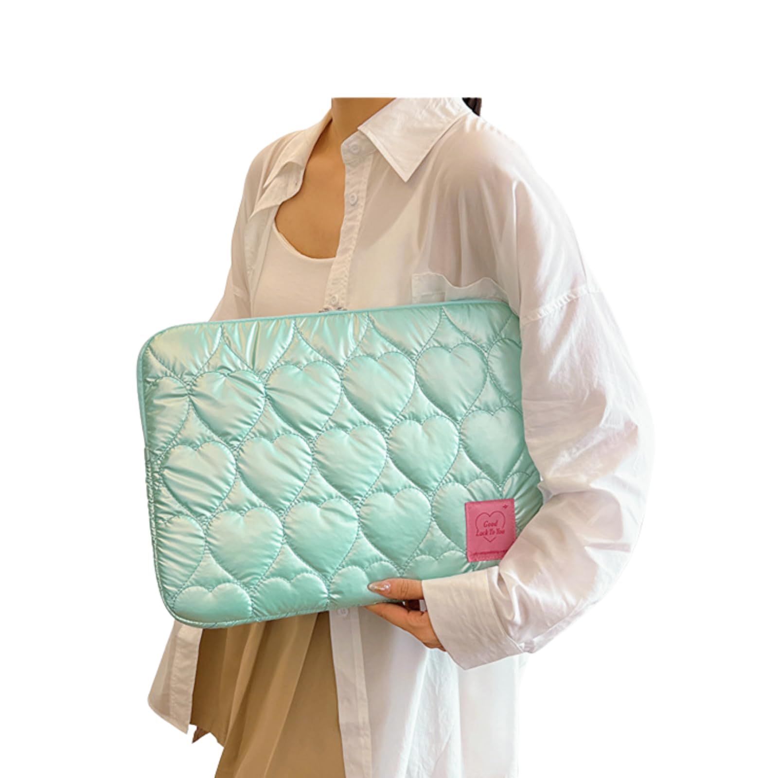 新品 Sunny Glow パソコンケース ハート柄 韓国風デザイン タブレット ノートPC iPad 収納対応 レディース おしゃれ (15インチ、グリーン)