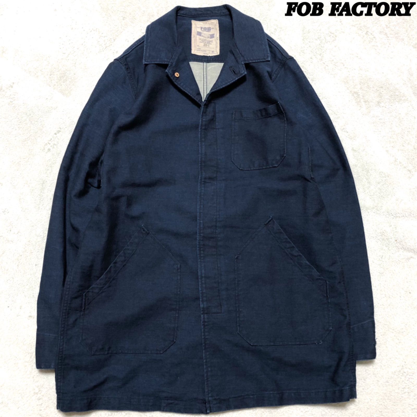 F.O.B FACTORY バックサテンショップコート ワークコート カバーオール ワークジャケット クリーニング済 Lサイズ インディゴ ネイビーブルー 青系 藍色 FOB FACTORY エフオービーファクトリー