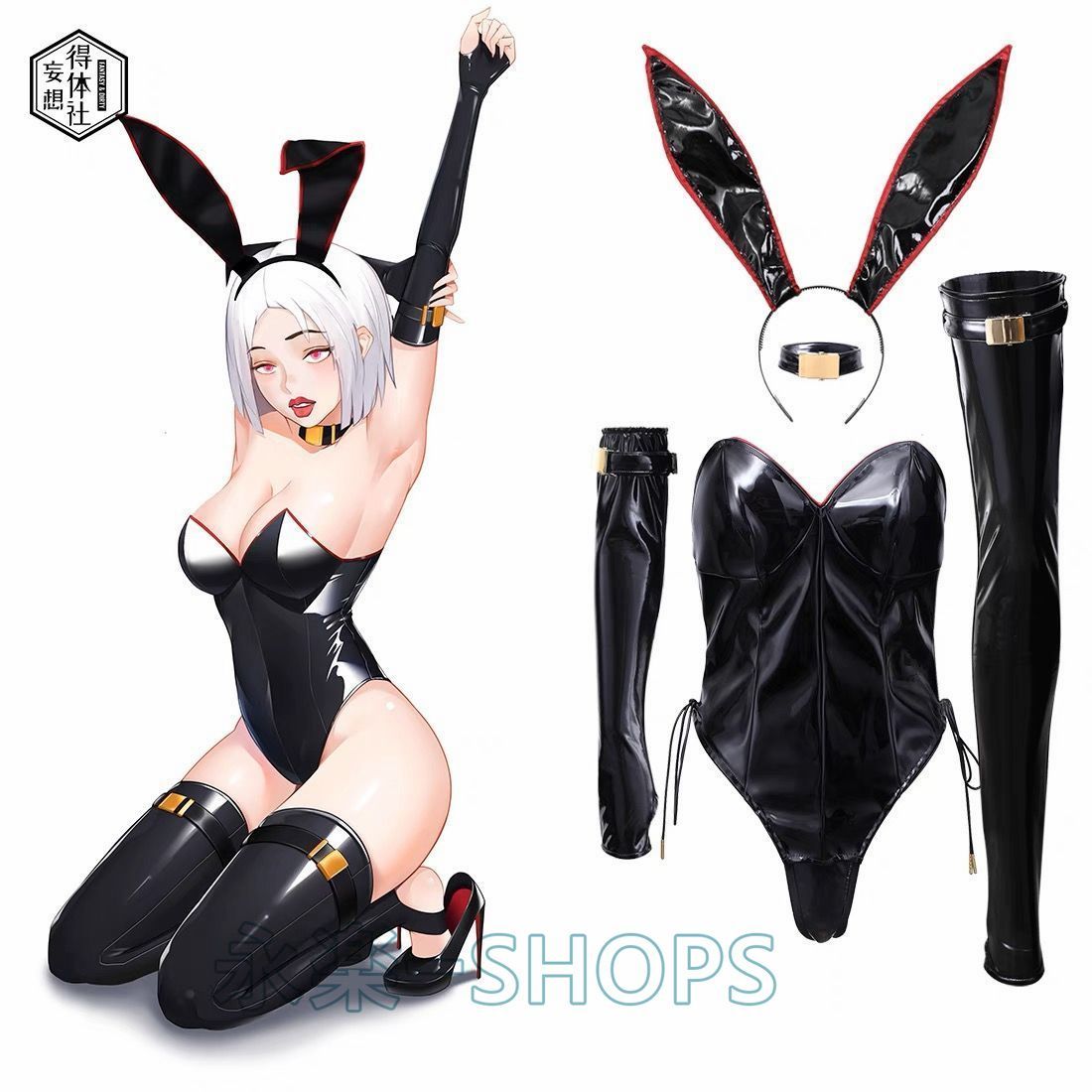 得体社 エナメルPU素材 バニーガール風 ミラーレザー コスプレ衣装 