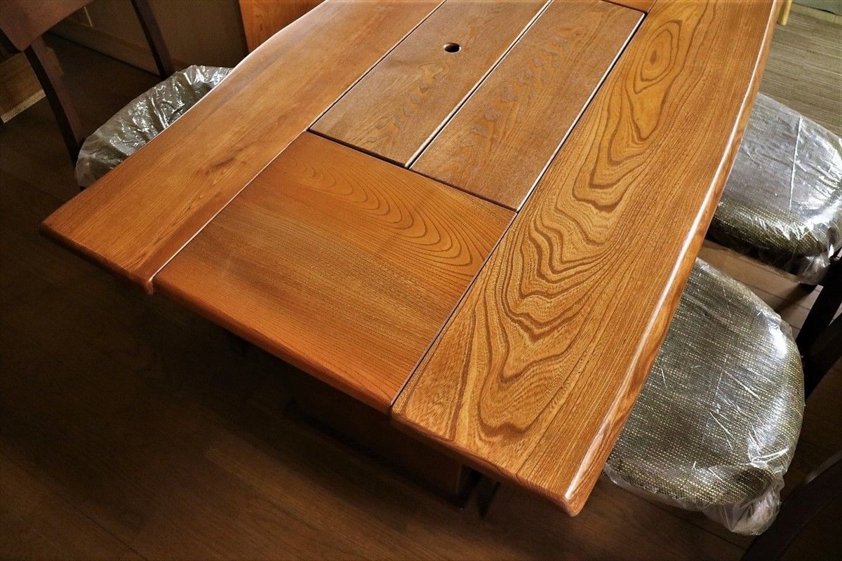 無垢材のダイニングテーブル 囲炉裏付き　お値下げ 灰 五徳セット】ダイニング囲炉裏テーブル 3点セット