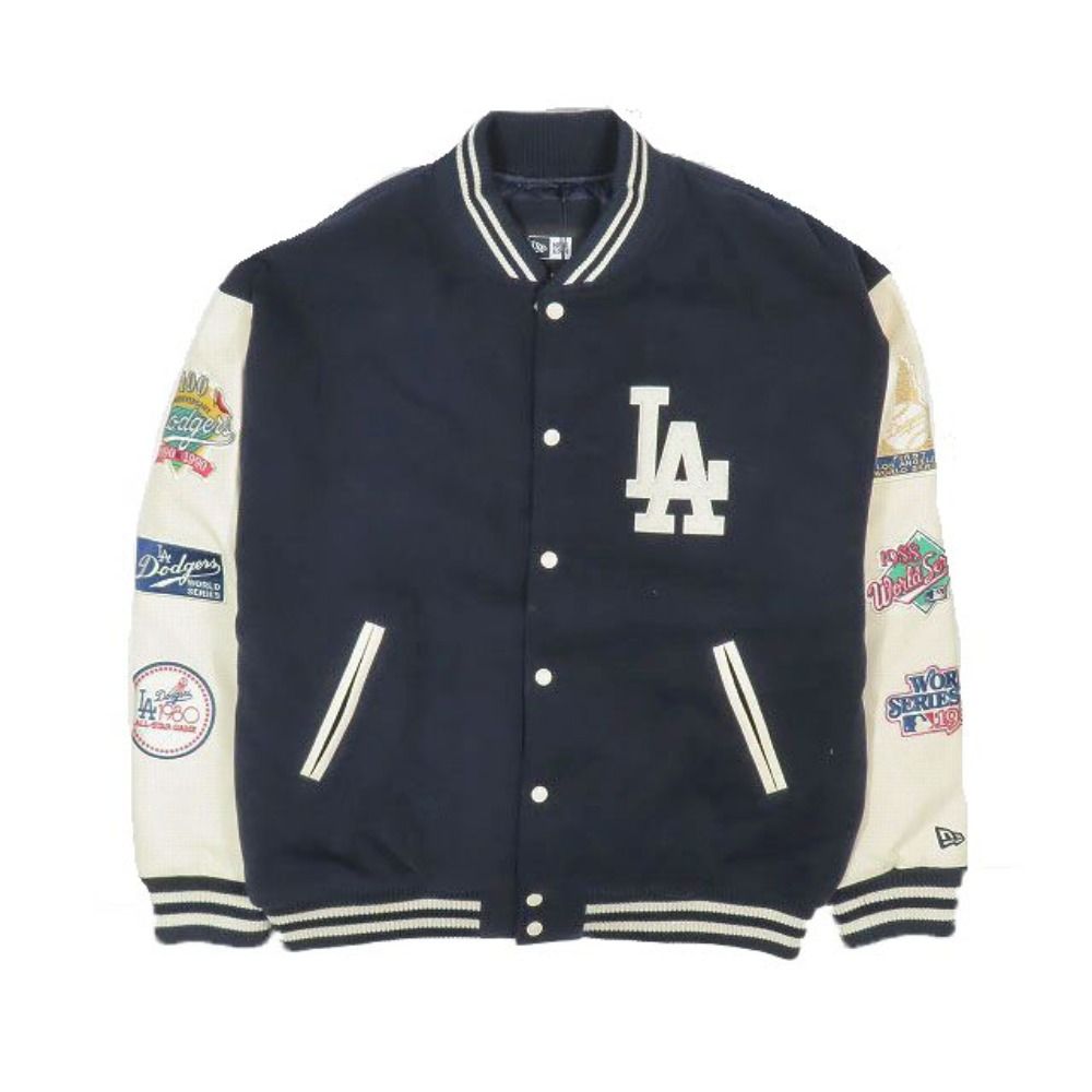♥ NEW ERA ニューエラ MLB パッチ ロサンゼルス ドジャース ヴァーシティジャケット スタジャン ネイビー XL メンズ 古着