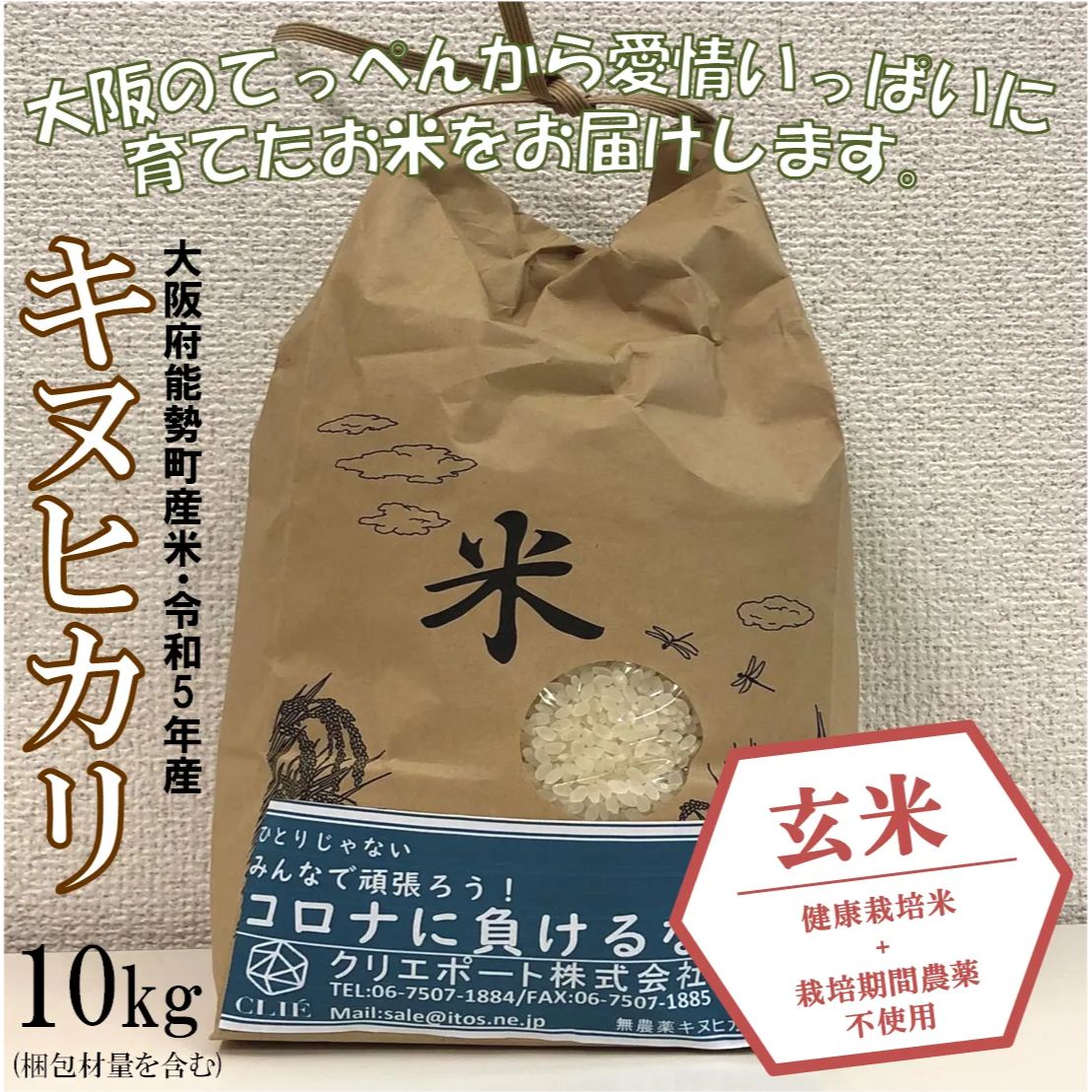 【令和5年産/健康栽培米＋栽培期間農薬不使用】大阪のてっぺんキヌヒカリ玄米10kg大阪府能勢産