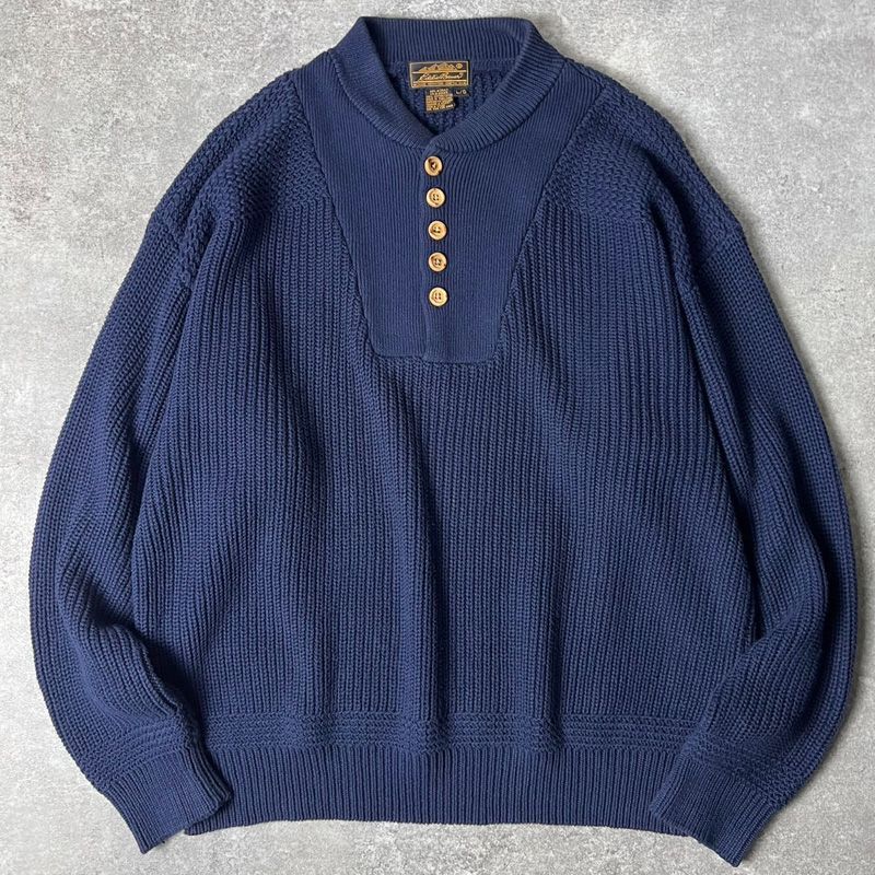 80s 黒タグ Eddie Bauer ヘンリーネック アーミー タイプ コットン ニット セーター L / 80年代 ビンテージ エディーバウアー 紺