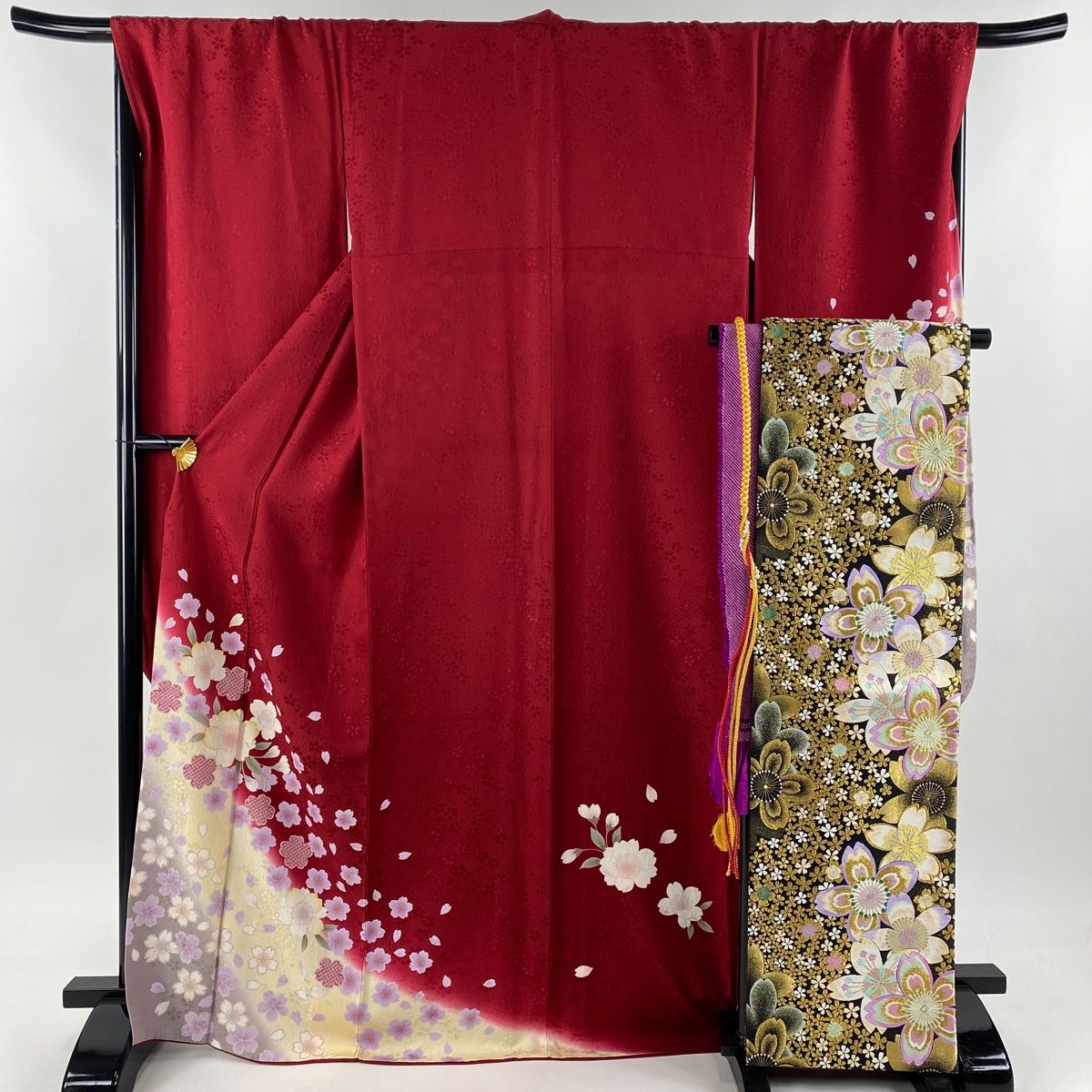振袖 身丈169.5cm 裄丈70.5cm L 袷 袋帯フルセット 桜 桜の花びら 金糸 ぼかし 赤 正絹 名品
