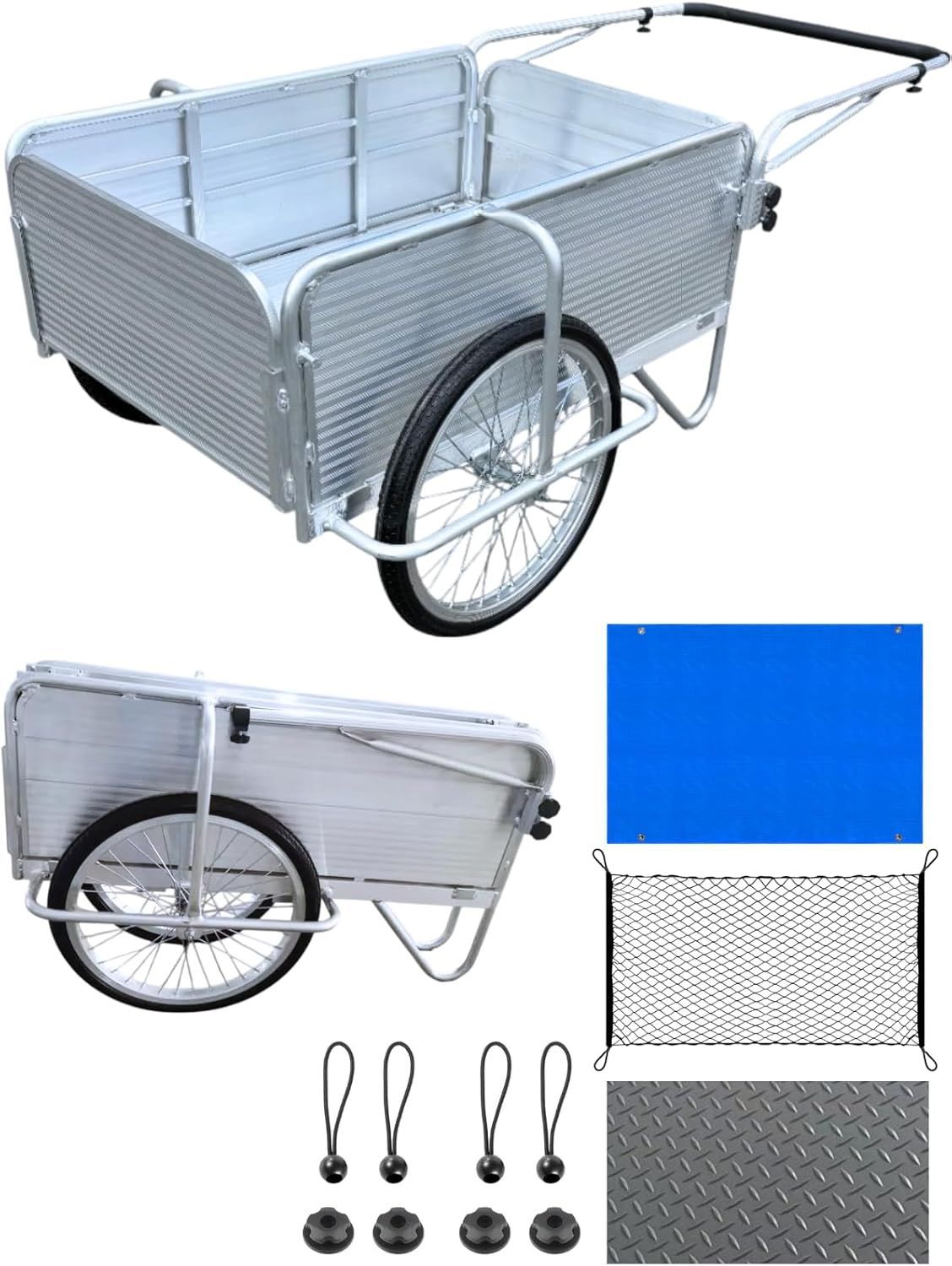 マット-ネット-ブルーシート リヤカー アルミ製 折畳み式 ノーパンクタイヤ 耐荷重150kg 手押し 折りたたみ 収穫台車 キャリー 農作業 荷車 防災 震災 災害 家庭菜園