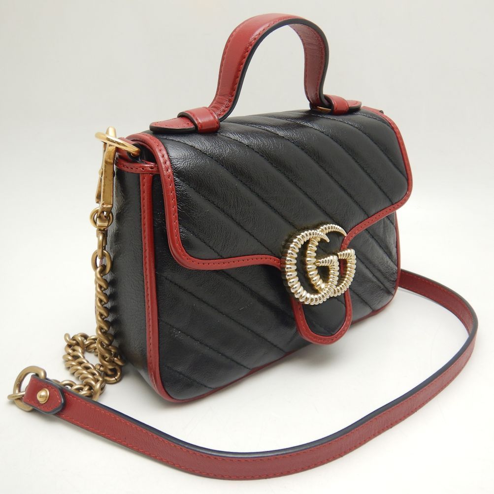 GUCCI グッチ ミニトップハンドルバッグ 583571 ハンドバッグ GGマーモント キルティングスモール レザー ブラック  レッド/250811【中古】 - メルカリ