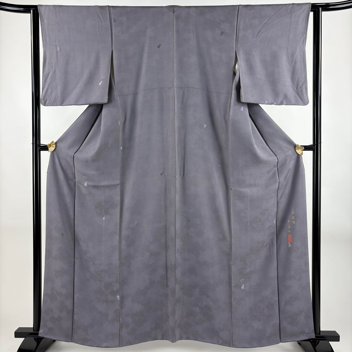 小紋 身丈158.5cm 裄丈64cm M 袷 寿光織 由水煌人 落款 瓢箪 地紋 刺繍 灰紫 正絹 名品