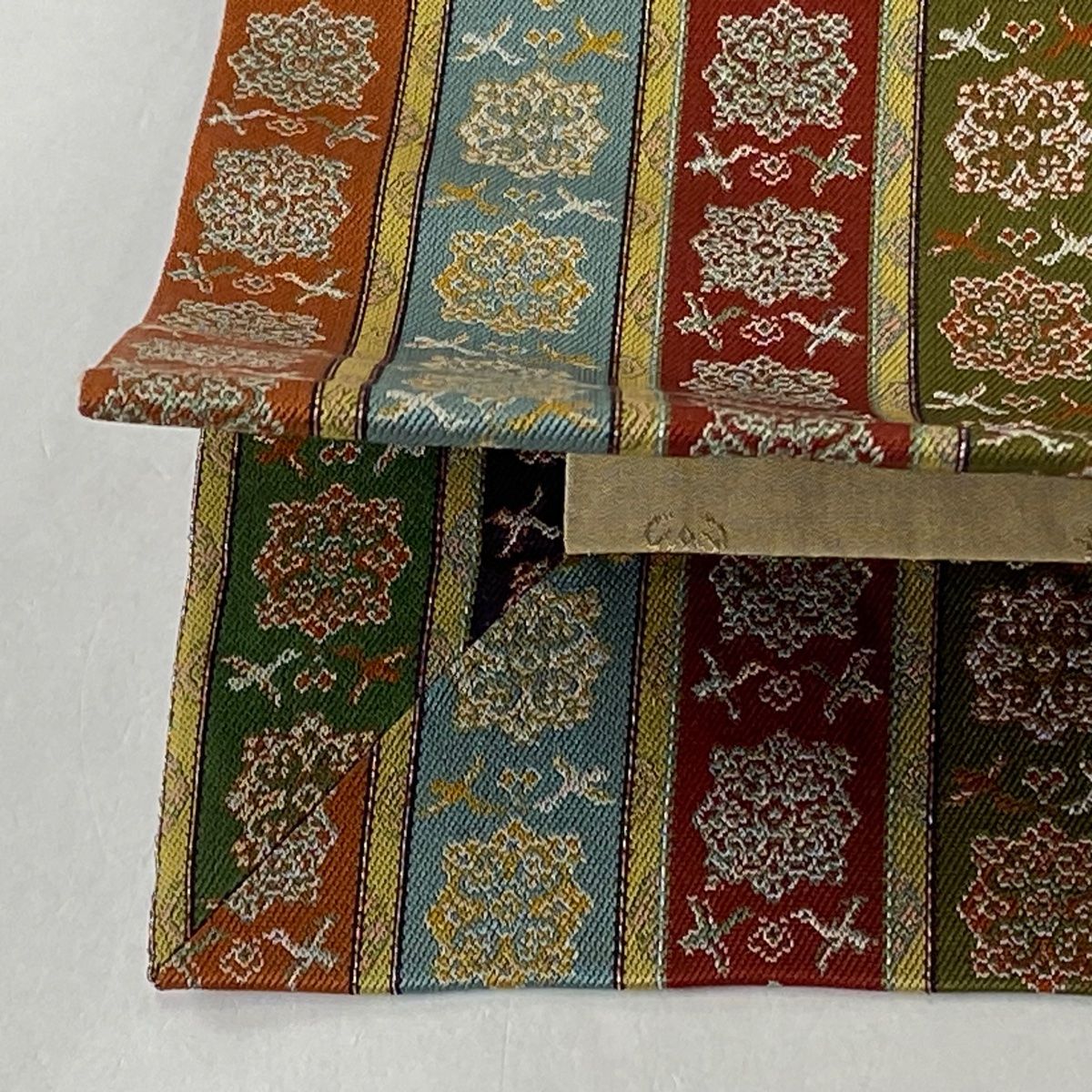 開き名古屋帯 美品 逸品 龍村美術織物 縞 華文 金糸 茶緑色 正絹