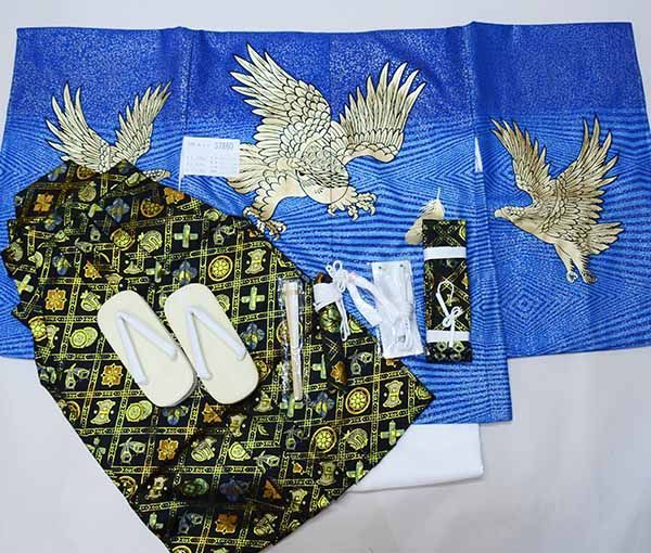 七五三 五歳 男児 羽織袴フルセット 着物 青地 鷹 お仕立て無料 袴