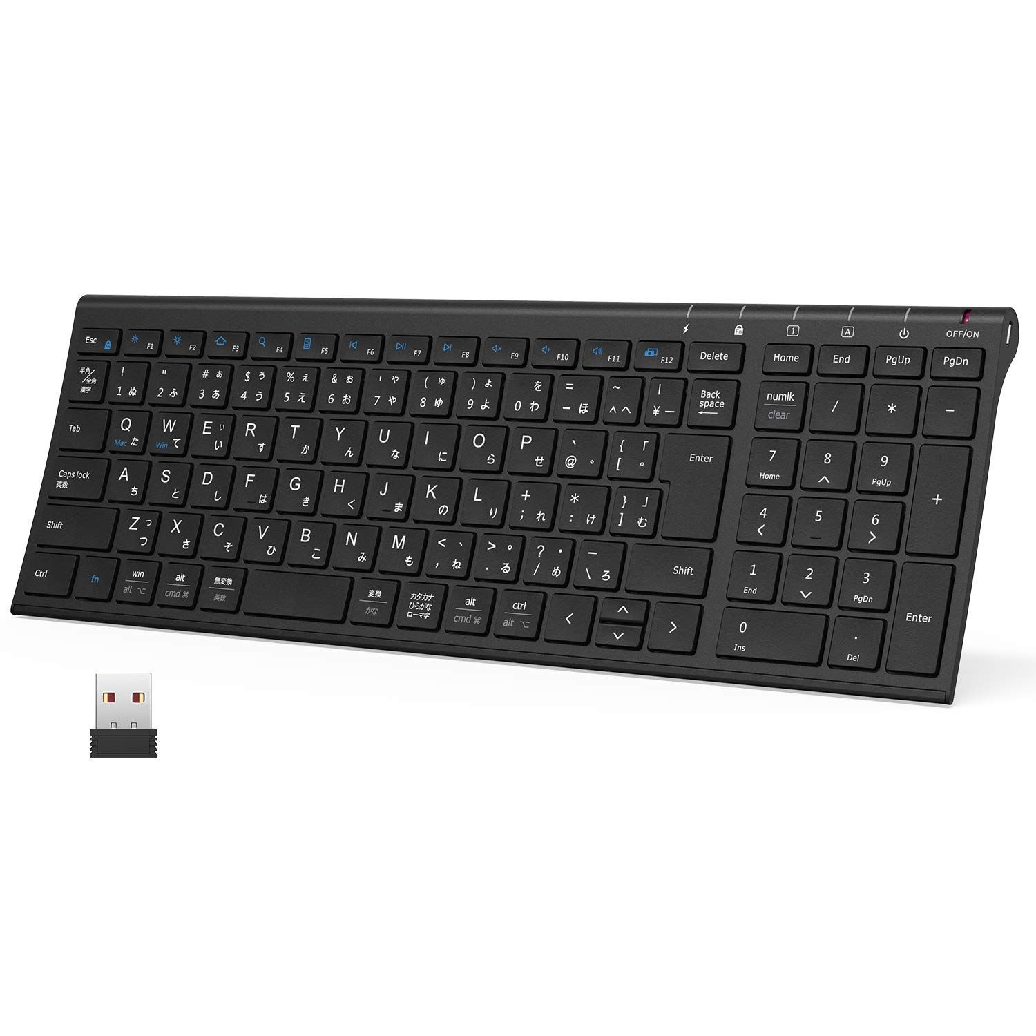 【人気商品】Mac対応 日本語説明書 Windows対応 パソコンPC用 フルサイズアルミ合金製 USB充電式 ブラック キーボード 2.4G 無線 テンキー付き 超薄型 GKJ22B 日本語配列 JIS基準 キーボードワイヤレ