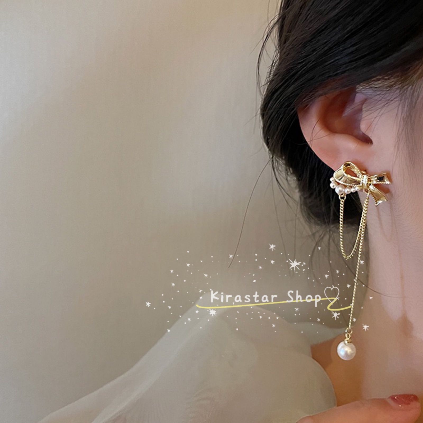 リボンパールチェーンピアス - アクセサリー