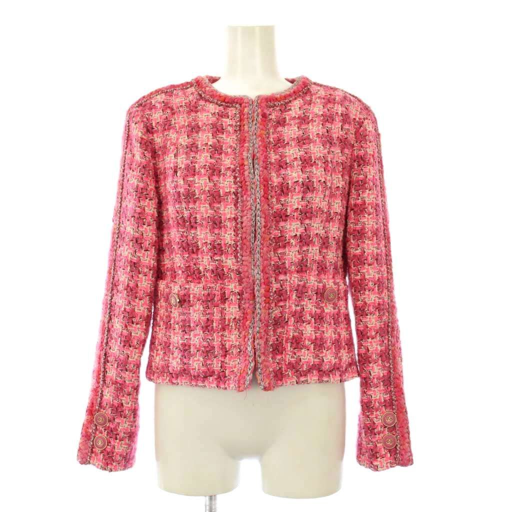 シャネル CHANEL uniform ノーカラージャケット アウター ショート丈 ツイード ココボタン ココマーク ロゴ ウール シルク 36 ピンク |BB