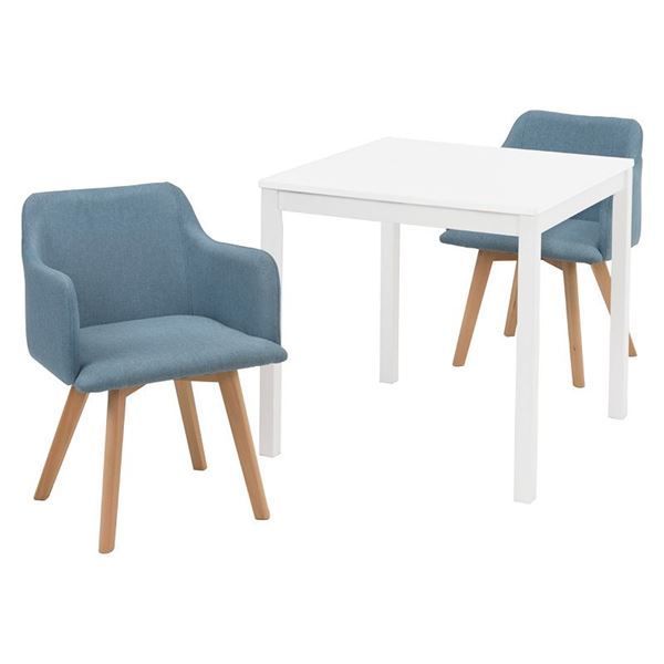 ダイニング 3点セット テーブル 75×75cm 正方形 ホワイト×1 肘付きチェア ブルー×2 木製 組立品 リビング キッチン 代引不可