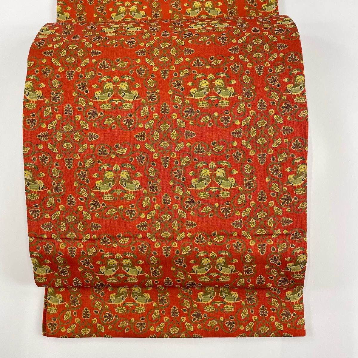 開き名古屋帯 名品 龍村美術織物 落款 鴛鴦 唐草 朱色 正絹 【中古