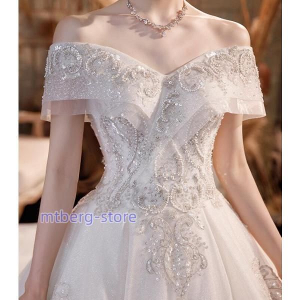 ウェディングドレス白 パーティードレス レース オフショルダー 花嫁ロングドレス 結婚式 露背 二次会 お呼ばれ 挙式 姫系hs5174 min