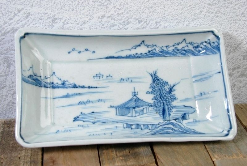 注文 古伊万里 染付 山水楼閣文長皿5枚 幅：17cm 江戸後期/24e047 古