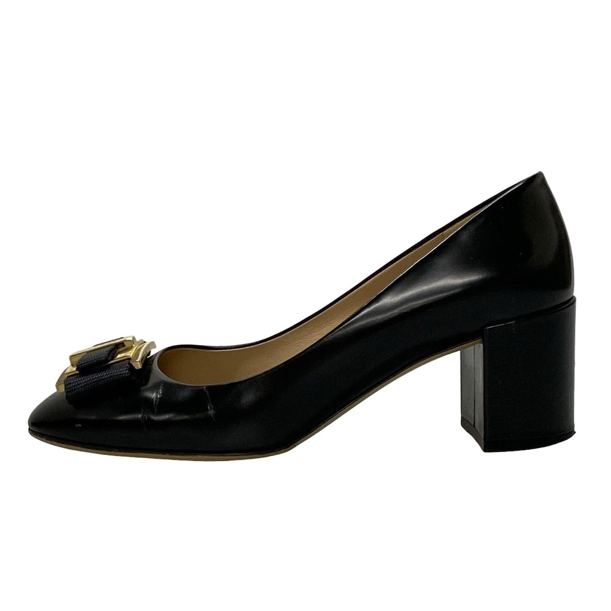FERRAGAMO|SalvatoreFerragamo サルバトーレフェラガモ パンプス 7 D レディース PRATO55 プラート 黒 リボン|アウトソール張替済 レザー