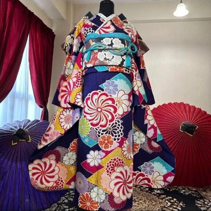 豪華振袖フルセット 7点 濃紺 濃紫 古典柄 ねじ梅 菊 桜 金駒刺繍 FS039