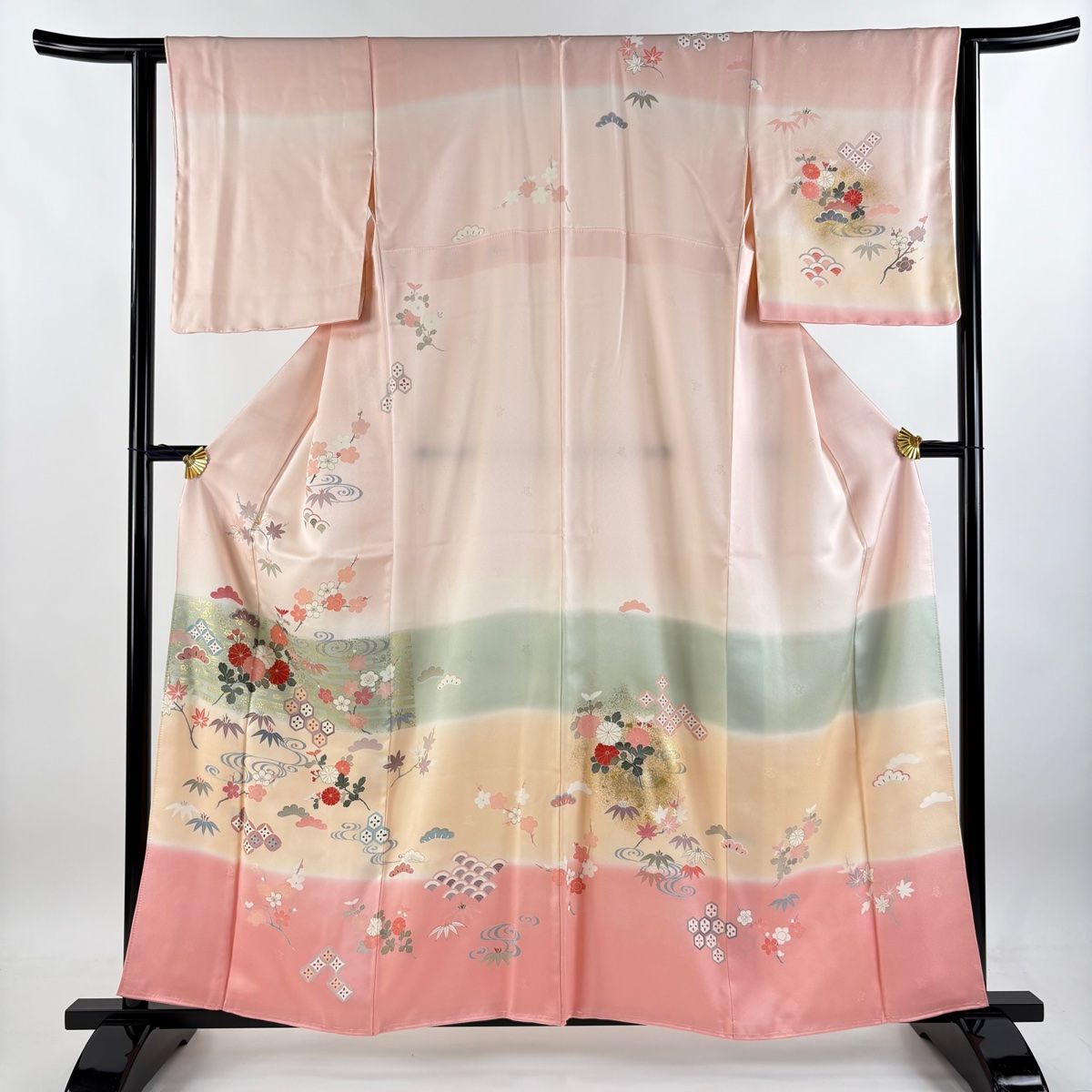 訪問着 身丈160cm 裄丈63cm S 袷 松竹梅 菊 金彩 ぼかし ピンク 正絹 秀品