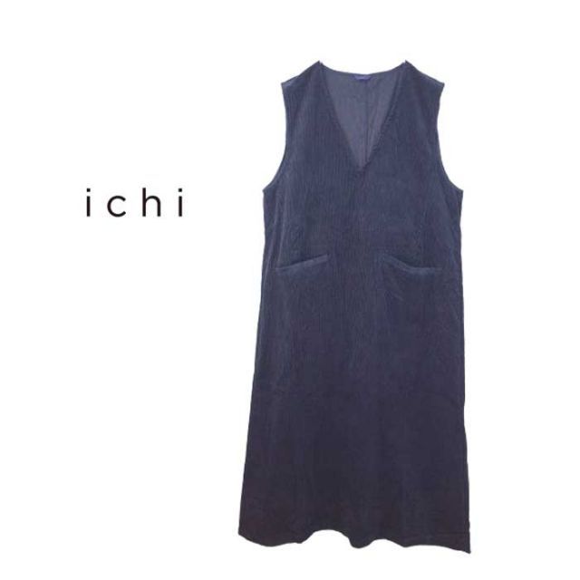 イチ ichi 240418 レディース ワンピース コーデュロイ OP 秋冬 黒 ブラック フリー ジャンパースカート Vネック 240910