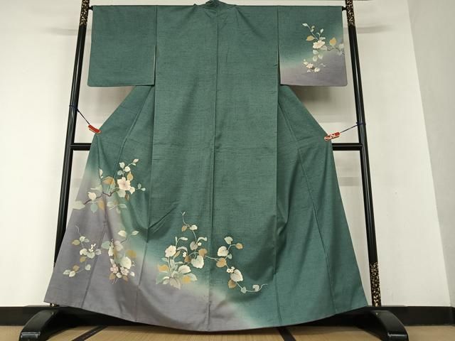平和屋着物●訪問着 紬地 手描き 草花文 暈し染め 金彩 正絹 AAAV7293zg
