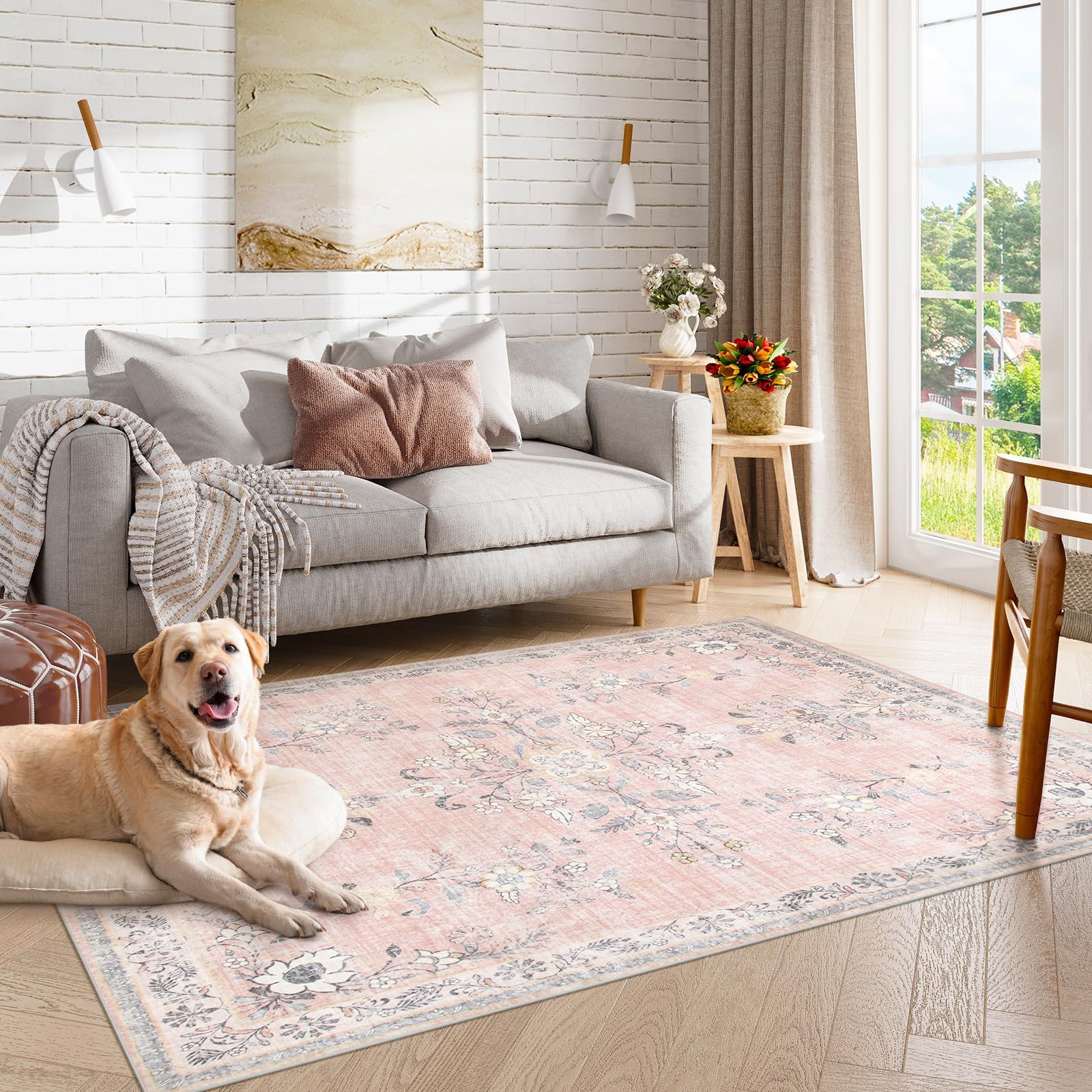 HAOCOO カーペット 洗える 140х200cm ラグ 約1.5畳 オールシーズン適用 ペルシャ風 じゅうたん 滑り止め 低反発 防音 寝室 リビング ラグマット 抗菌防臭 耐磨耗性 軽量 花柄 コーラルピンク MARWIL-DEMENAGEMENTS_CH