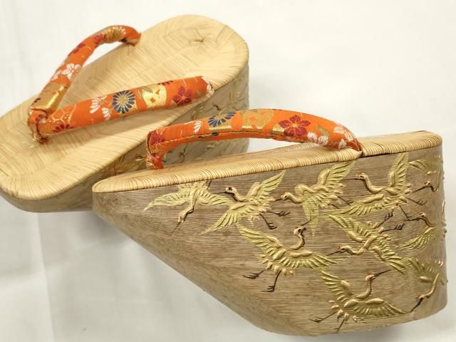 和装小物 ぽっくり下駄 こっぽり おこぼ下駄 畳表 金蒔絵 千羽鶴 白木 き kh 5