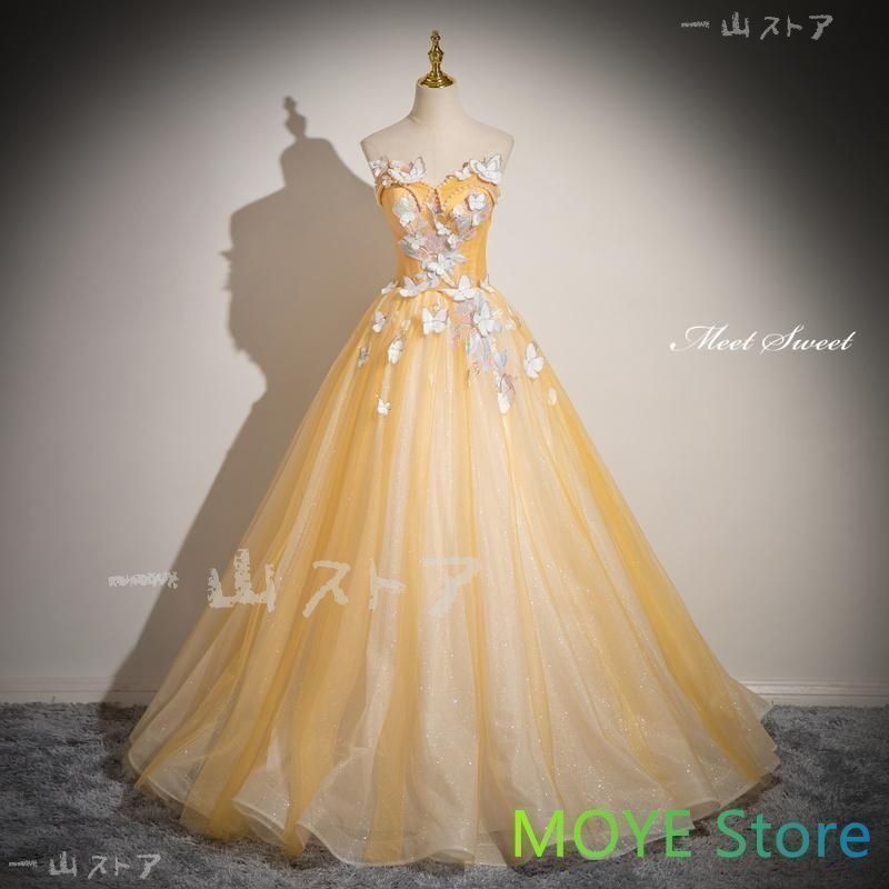 ドレス プリンセスライン イエロー ベアトップ 蝶 袖なし ロングドレス ウェディングドレス 結婚式 二次会 花嫁 前撮