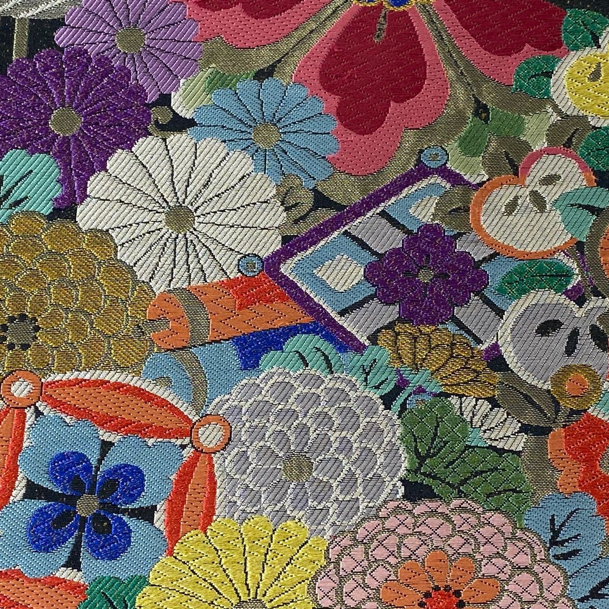 袋帯 美品 秀品 薬玉 菊 箔 金銀糸 墨色 六通 正絹 【中古